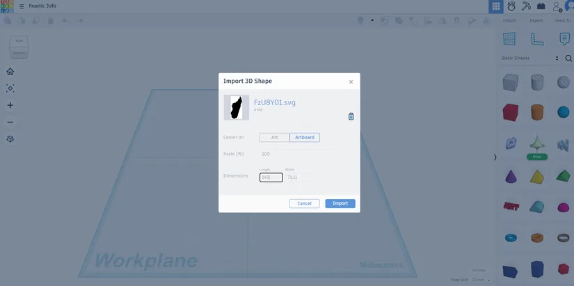 Tinkercad import settings with the length set to 140 mm