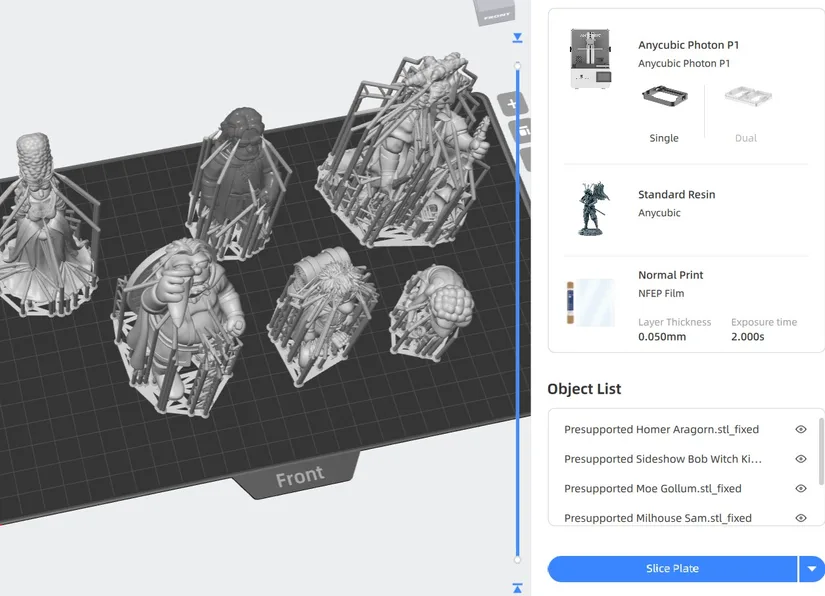 Slicer preview for Nostalgic3D Simpsons LOTR models