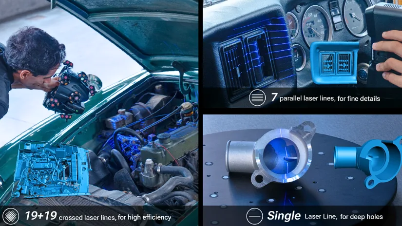 EinScan Trak 19+19 crossed laser lines, 7 parallel laser lines and single laser line modes