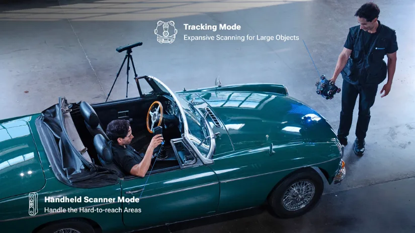 EinScan Trak tracking mode and handheld scanner mode scanning a car