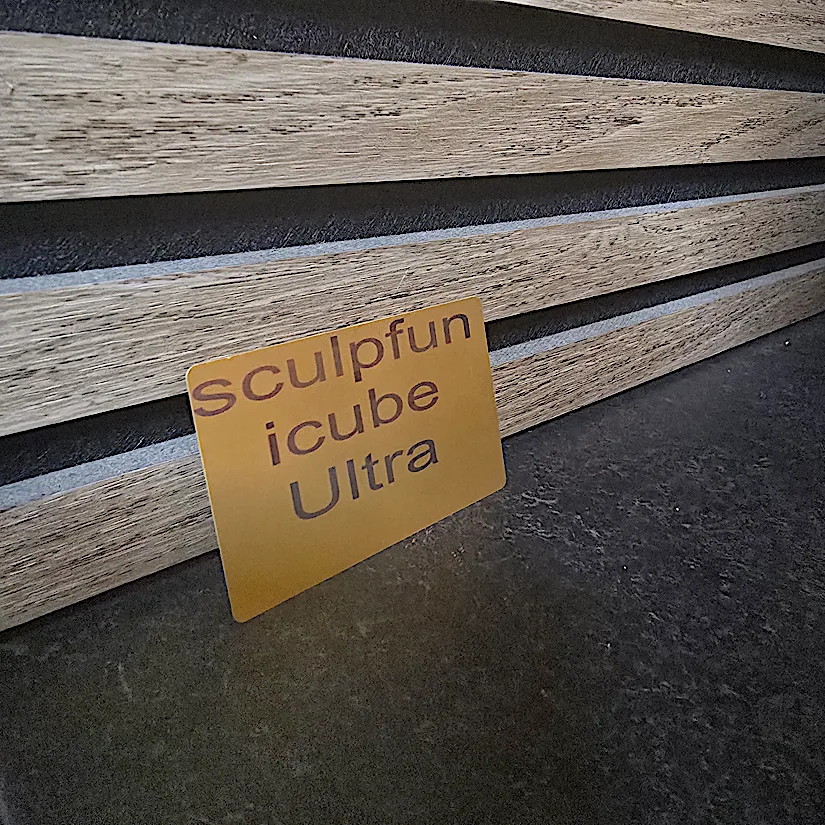 Sculpfun iCube Ultra aluminium business card engraving