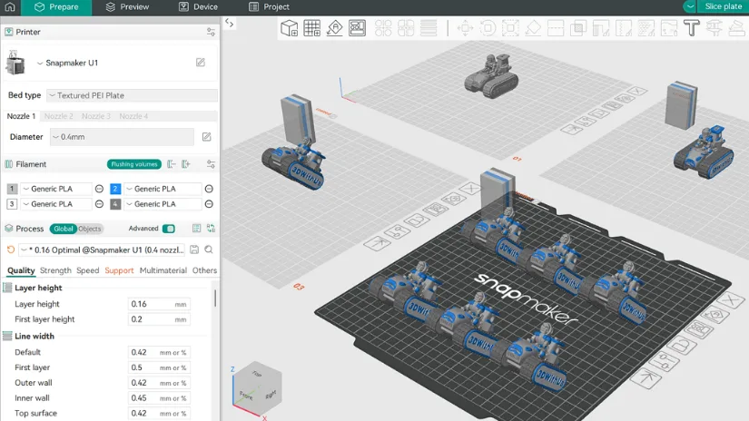 Snapmaker Orca slicer showing multiple build plates with arranged 3D models for printing
