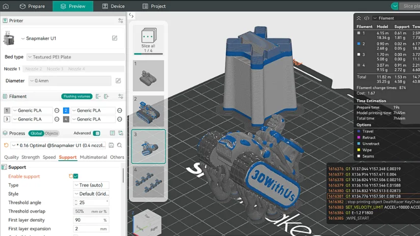 Snapmaker Orca sliced preview showing multicolor model with supports and toolpath details