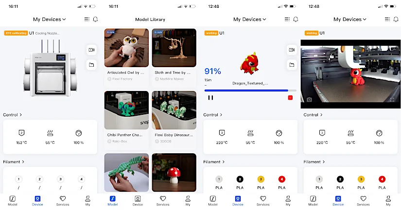 Snapmaker App interface showing model library, print progress and remote monitoring for U1