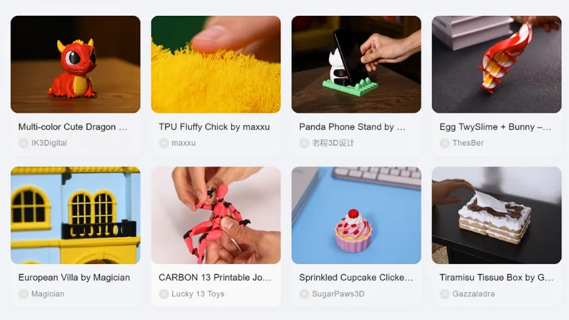 Included pre-sliced models collection shown in Snapmaker Orca, also available via the Snapmaker App.