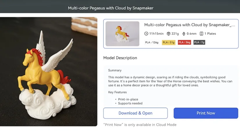Snapmaker Orca interface showing multicolor Pegasus model with print settings and material usage