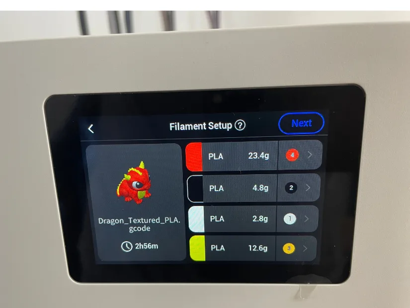 U1 Touchscreen showing filament setup with color selection and material usage