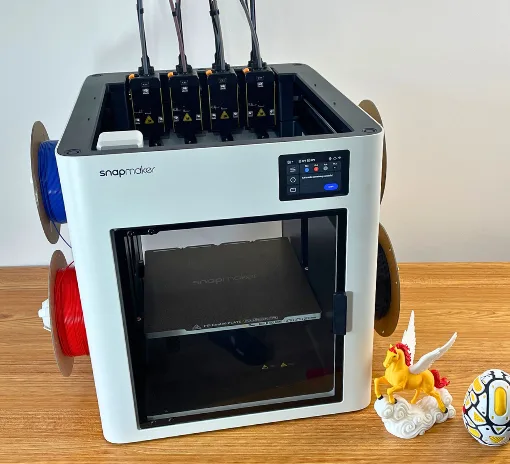Snapmaker U1 toolchanging 3D printer with multicolor prints and four toolheads installed