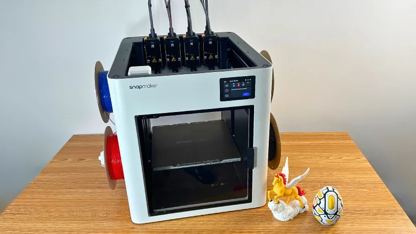 Snapmaker U1 toolchanging 3D printer with multicolor prints and four toolheads installed