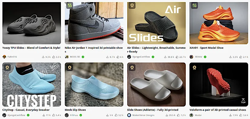 Collection of fully 3D printed shoe designs available on MakerWorld