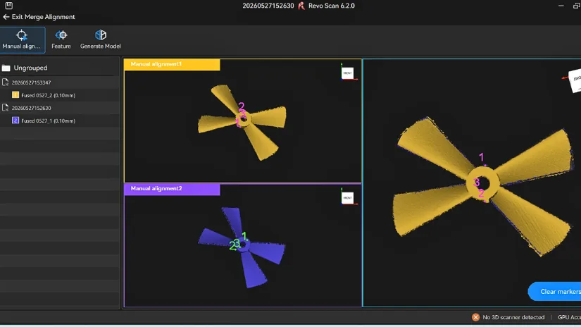 Aligned broken propeller scan sides in Revo Scan 6 using Revopoint POP 4