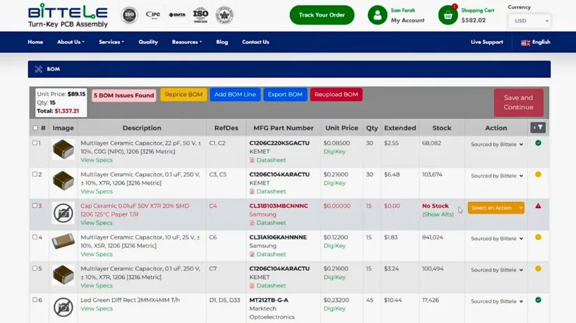 Example bill of materials BOM for PCB assembly with component quantities and sourcing details