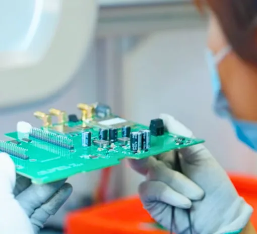 Technician inspecting an assembled printed circuit board for Bittele Electronics PCB assembly services