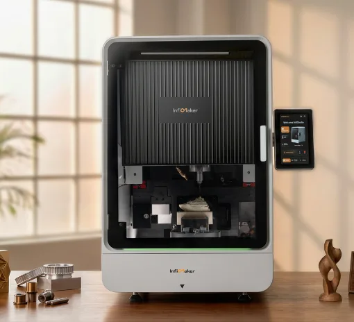 InfiMaker K1 desktop 5-axis CNC machine with touchscreen and machined sample parts