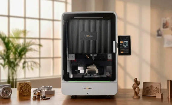 InfiMaker K1 desktop 5-axis CNC machine with touchscreen and machined sample parts