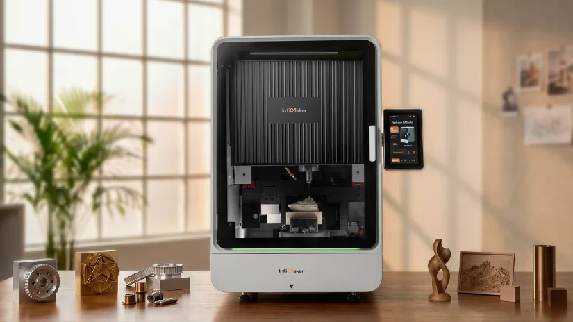 InfiMaker K1 desktop 5-axis CNC machine with touchscreen and machined sample parts