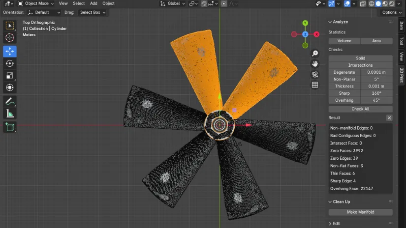 RC boat propeller recreated in Blender by duplicating a scanned blade around a newly modelled hub