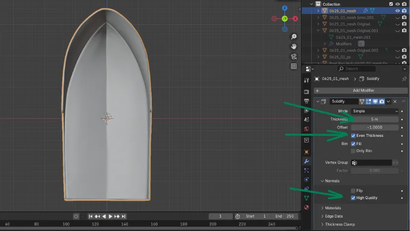 Using Blender Solidify modifier to add thickness to a scanned RC boat hull model