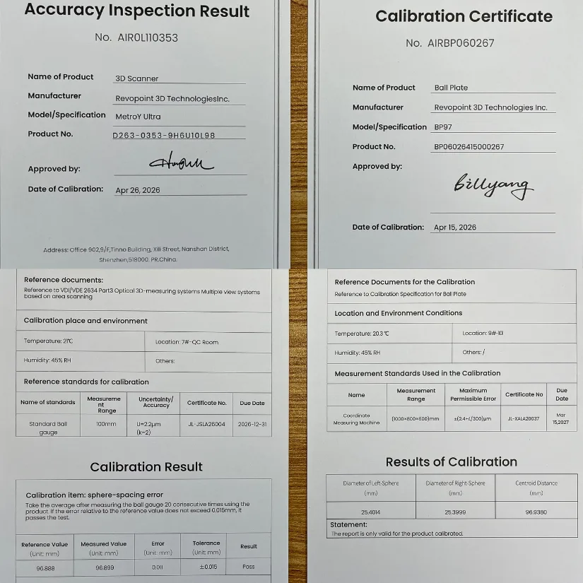 Calibration certificates supplied with the Revopoint MetroY Ultra CMM Edition scanner and Ball Plate