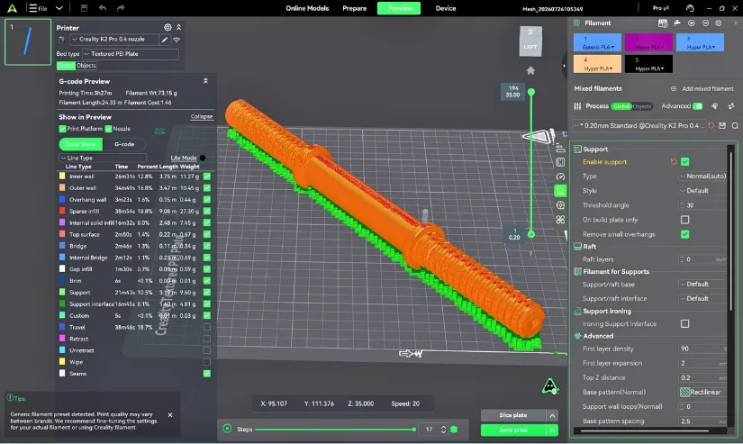 CrealityPrint slicer preview showing a scanned dumbbell bar prepared for 3D printing on the Creality K2 Pro with automatically generated support structures.