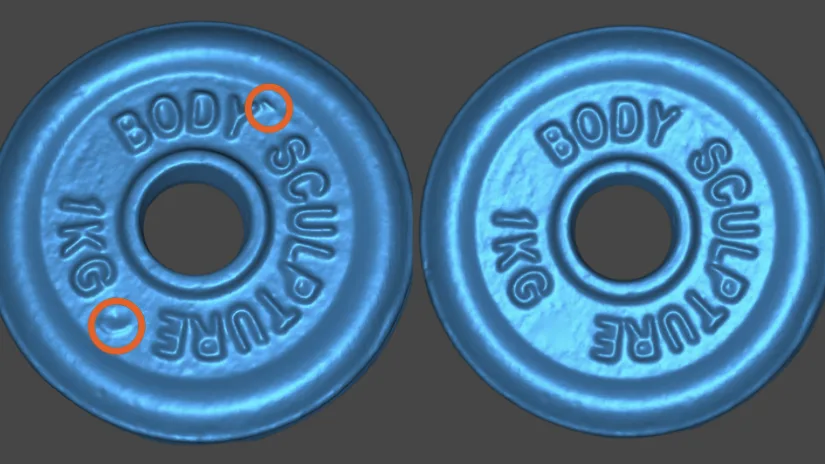 Before and after comparison of a scanned metal weight in CrealityScan, showing how small casting imperfections were removed using the Lasso Selection and Fill Holes tools.