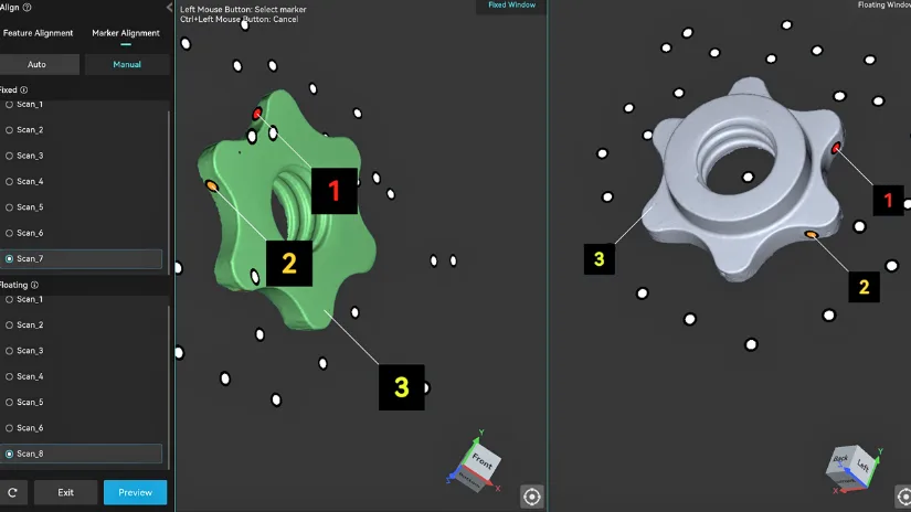 CrealityScan manual marker alignment tool showing two scans of a metal dumbbell lock being aligned by selecting three matching reference markers.