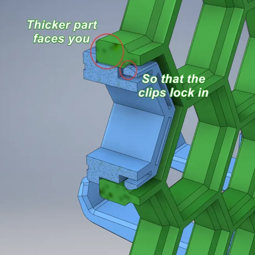 Diagram showing the correct Honeycomb Storage Wall orientation with the thicker part facing out so the clips lock in