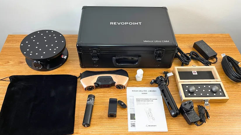 Revopoint MetroY Ultra CMM Edition accessories including scanner, turntable, tripod, Ball Plate, carrying case and Revo Measure software