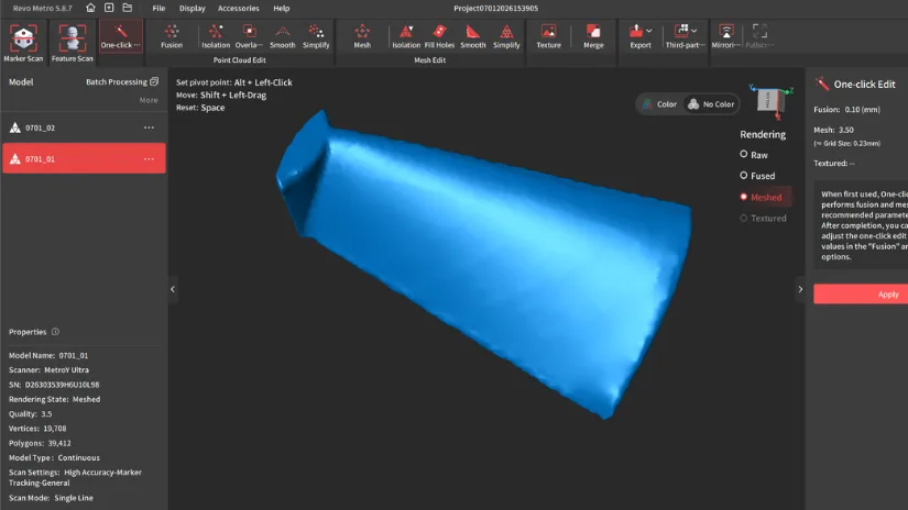 Single RC boat propeller blade in Revo Metro. Scanned with single-line laser mode.