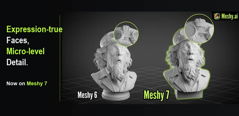 Meshy AI 7  banner featuring 3D Model quolity comparisson