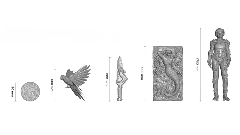 Creality Pika 3D scanner object size examples from 20 mm to 1700 mm