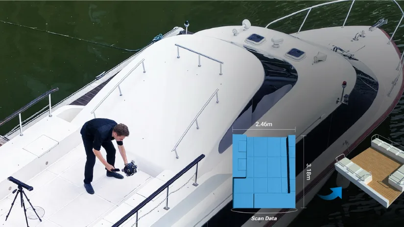 EinScan Trak scanning a yacht for large-object 3D capture and design modification