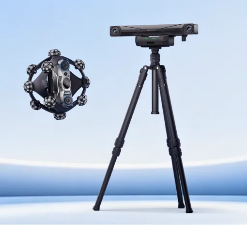 Revopoint Trackit SR wireless optical tracking 3D scanner with tracking unit mounted on a tripod.