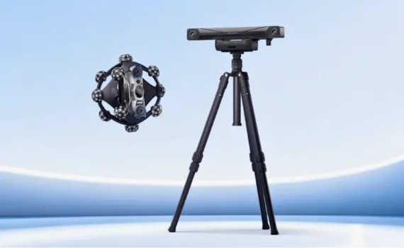 Revopoint Trackit SR wireless optical tracking 3D scanner with tracking unit mounted on a tripod.