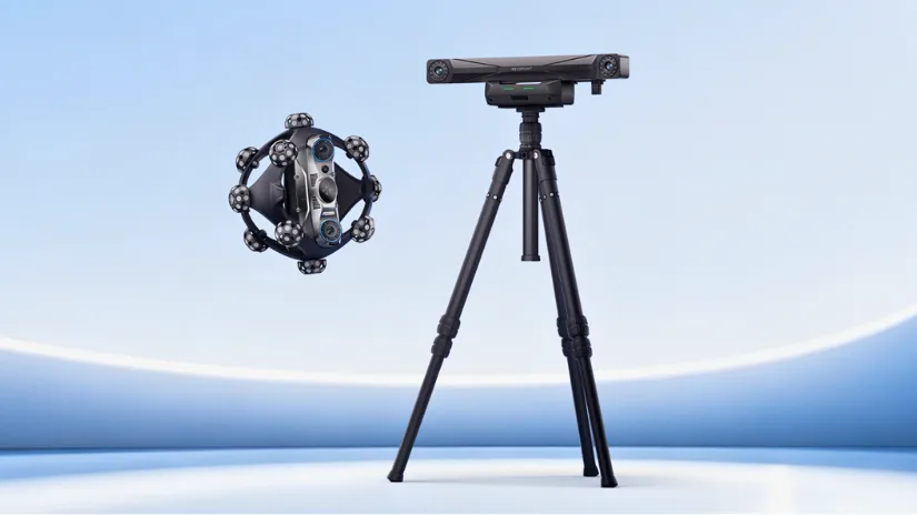 Revopoint Trackit SR wireless optical tracking 3D scanner with tracking unit mounted on a tripod.