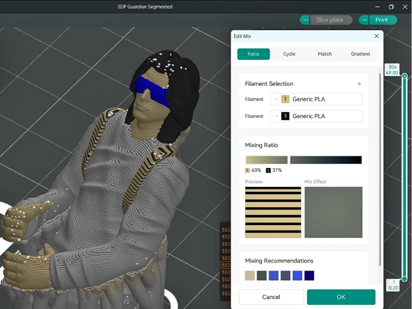 Using Color Mixing in Snapmaker Orca to create a fifth shade for the 3D Printing Guardian figurine