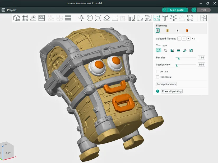 Color painting the Tripo AI generated monster treasure chest model in Snapmaker Orca