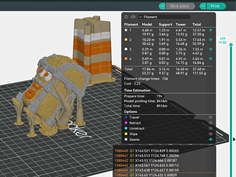 Snapmaker Orca slicer preview of the four-color Tripo AI monster treasure chest model
