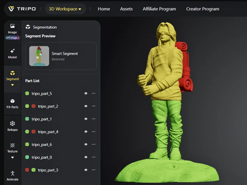 3D Printing Guardian figurine segmented in Tripo AI and merged into three larger parts for multi-color printing