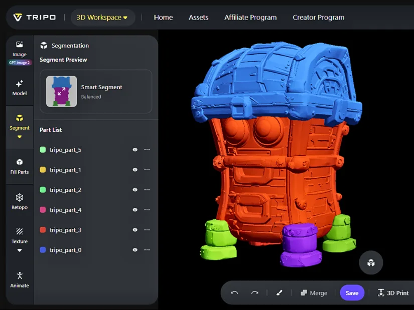 Tripo AI segmentation of the monster treasure chest model into separate printable parts