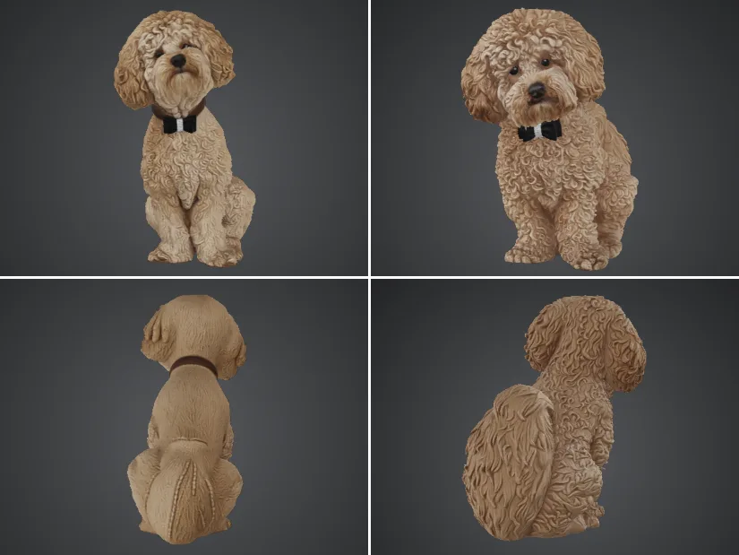 Tripo AI Refine feature before and after comparison of a dog model from front and back