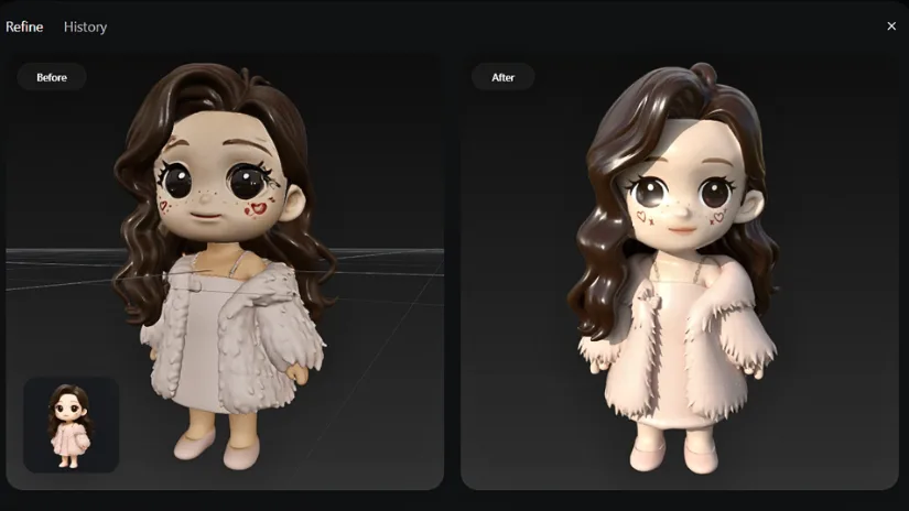 Tripo AI Refine feature showing a generated 3D character before and after refinement