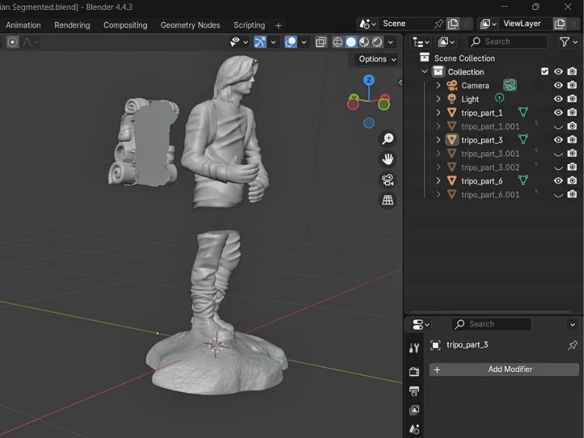 Tripo AI segmented 3D Printing Guardian model imported into Blender as three separate parts