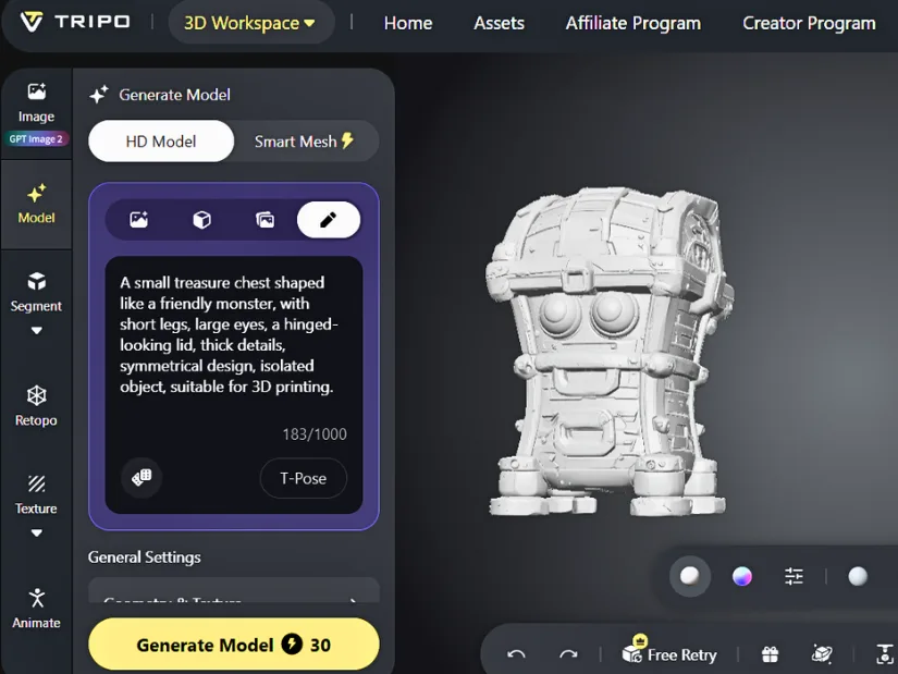 Tripo AI text-to-3D monster treasure chest model generated from a prompt
