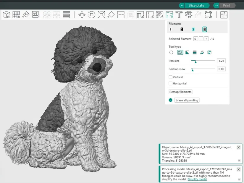 Ella 3D model with manually edited fur pattern in Snapmaker Orca Slicer