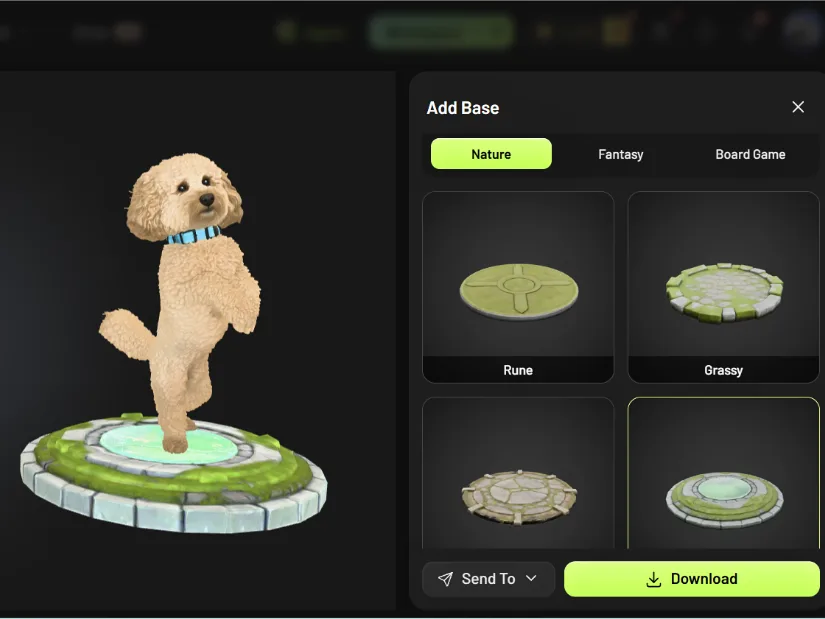Meshy AI Add Base feature with Teddy on a decorative nature-style base