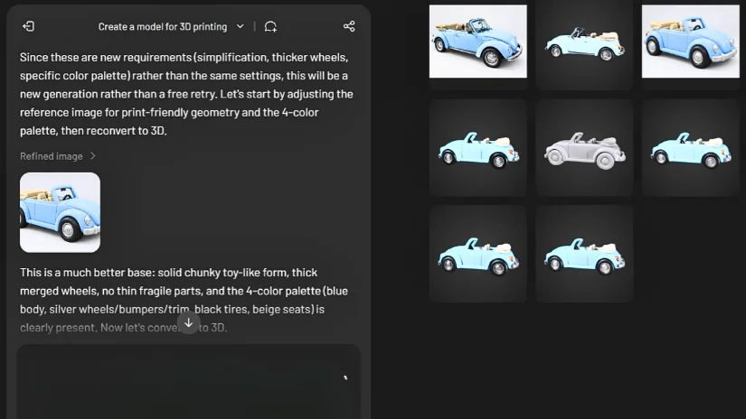 Meshy AI Agent workflow showing reference image and VW Beetle model variations