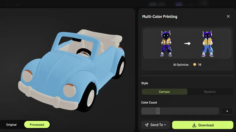 Meshy AI Multi-Color Printing screen for the VW Beetle model
