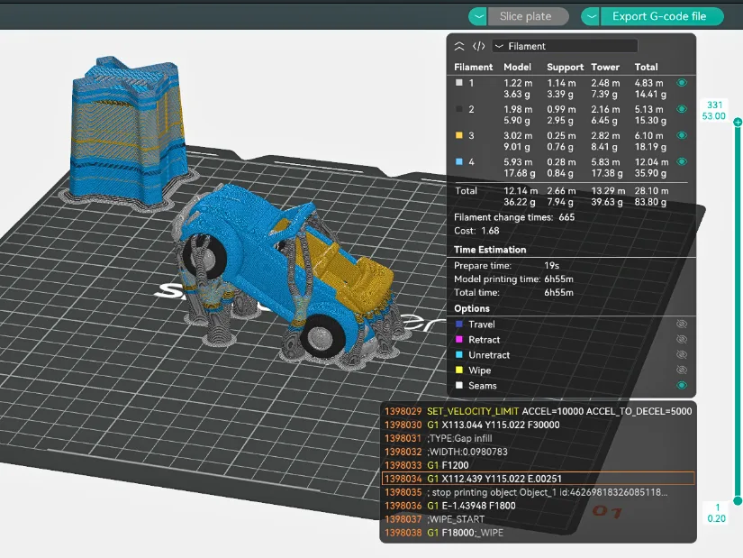 VW Beetle model sliced at 25 degree angle in Snapmaker Orca