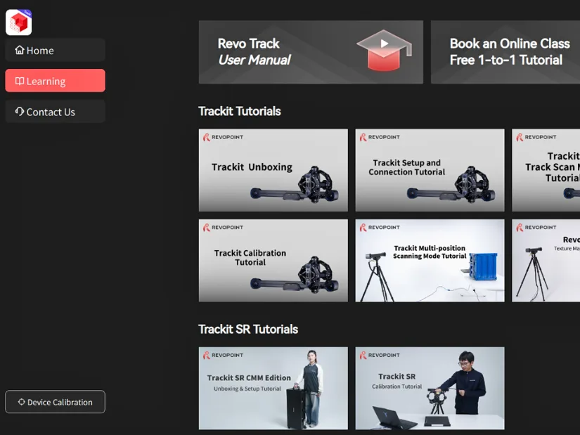 Revo Track Learning tab showing tutorials for the Revopoint Trackit and Trackit SR 3D scanners.